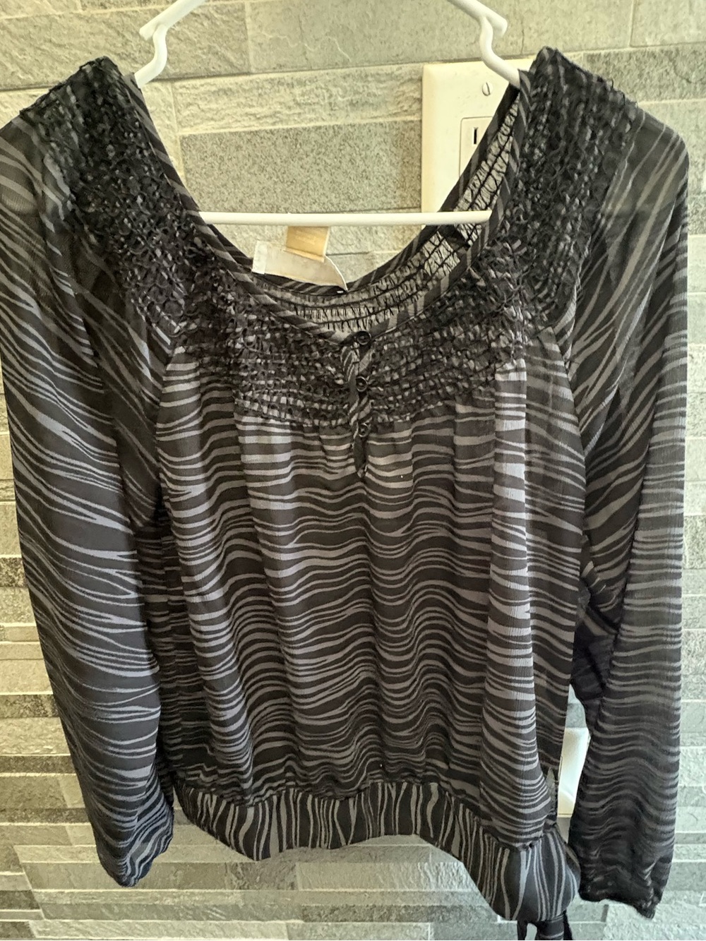 Michael Kors Black & Gray Smocked-Neck Wave Print Blouse